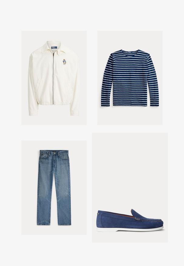 Hvid jakke med lynlås, krave, sidelommer, elastisk kant og lille broderet bjørn med blå jakke på brystet.; Langærmet navy t-shirt med hvide horisontale striber, rund halsudskæring, blødt bomuldsmateriale og logo på venstre ærme.; Lyseblå denimjeans med et lige snit, der har fem lommer, knaplukning og en diskret falmet effekt på stoffet.; Blå ruskindsloafer med hvid sål og beige syninger langs den øverste kant vist mod en ensfarvet hvid baggrund.