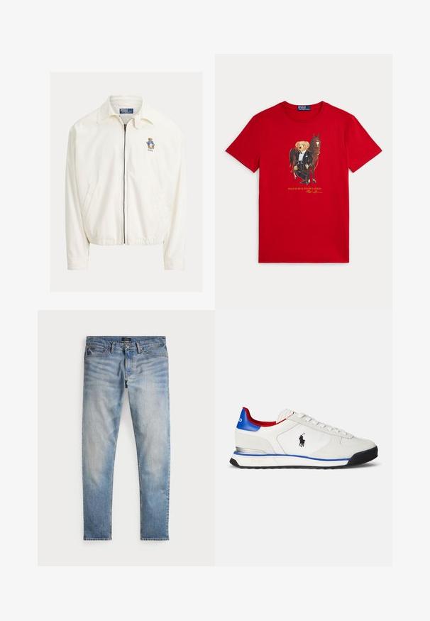 Weiße Jacke mit Reißverschluss und Kragen, Seitentaschen, elastischem Saum und kleinem besticktem Bären mit blauer Jacke auf der Brust.; Rotes T-Shirt mit kurzen Ärmeln, das einen Bären im Smoking zeigt, der neben einem braunen Pferd steht, mit dem Schriftzug „Polo Bear by Ralph Lauren“ darunter.; Helle blaue Denim-Jeans mit einem ausgewaschenen Finish, Fünf-Taschen-Design und kontrastierenden Nähten. Mit Reißverschluss und Gürtelschlaufen. Gerade geschnitten.; Weißer Sneaker mit glatter Leder- und Textiloberfläche, mit blauen und roten Akzenten, einer schwarzen Sohle und einem kleinen Logo an der Seite.