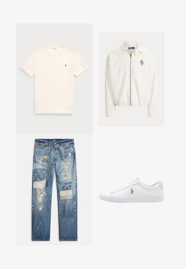 Witte jas met ritssluiting en kraag, zijzakken, elastische zoom en een klein geborduurd beertje met een blauwe jas op de borst.; Crème-kleurig katoenen t-shirt met een ronde hals en korte mouwen. Heeft een klein blauw geborduurd logo op de linkerborst.; Blauwe spijkerbroek met meerdere stoffen patches, verfspatten en verweerde details, voorzien van een knoop- en ritssluiting.; Witte canvas sneakers met een laag ontwerp, featuring een beige hieltab en een klein geborduurd logo aan de zijkant. Rubber zool.