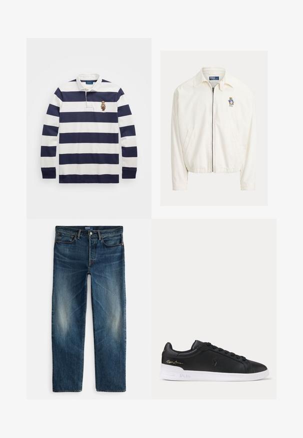 Witte jas met ritssluiting en kraag, zijzakken, elastische zoom en een klein geborduurd beertje met een blauwe jas op de borst.; Polo Ralph Lauren CLASSIC FIT POLO BEAR RUGBY SHIRT - Longsleeve - blu; Indigoblauwe denim jeans met een rechte pijp, vijfzakkenmodel en subtiele vervaging op de dijen. Voorzien van een metalen knoop en ritssluiting.; Zwarte lage leren sneaker met zwarte veters, witte zool met Polo-opdruk en gouden Ralph Lauren-handtekening op de hiel.