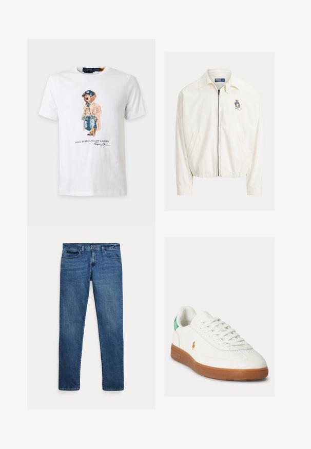 Veste blanche zippée avec col, poches latérales, ourlet élastique et petit ours brodé portant une veste bleue sur la poitrine.; T-shirt blanc avec un ours portant un manteau beige, un pull à carreaux, un jean, des bottes et une casquette NY bleu marine avec le texte ""Polo Bear by Ralph Lauren"".; Jean en denim bleu à coupe slim, avec poches avant, passants pour ceinture et fermeture à bouton sur fond blanc.; Baskets blanches à lacets avec semelle en caoutchouc marron, languette de talon verte et petit logo doré de joueur de polo sur le côté extérieur.