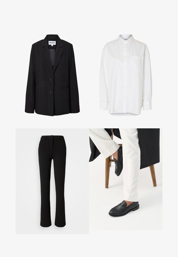 Sort, skræddersyet blazer med to knapper, notched revers, forreste paspolerede lommer og synligt indermærke med teksten "PIECES.".; Hvid langærmet skjorte med knapper, spids krave og brystlomme, vist mod en ensfarvet baggrund.; Sorte bukser lavet af et glat stof, med et lige ben design, frontlommer og en standard talje med en bæltestrop.; Person iført sorte læder loafers og hvide bukser, siddende på en træskammel mod en hvid baggrund.