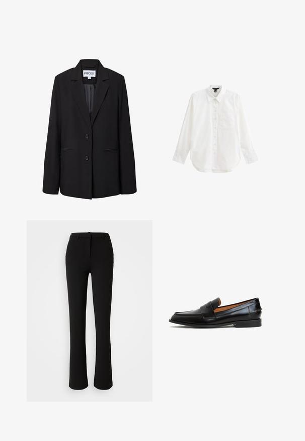Zwarte getailleerde blazer met twee knopen, notched revers, voorste paspelzakken en een zichtbaar binnenlabel met de tekst "PIECES.".; Witte langek mouw shirt van katoen, met een knopenlijst aan de voorkant, kraag, enkele borstzak en een ronde onderrand. Glad van textuur.; Zwarte broek gemaakt van een gladde stof, met een recht model, voorzakken en een standaard tailleband met een riemlus.; Zwarte leren loafers met een strakke uitstraling, voorzien van een brede band over de wreef, een ronde neus en een platte zool. Soepele textuur met minimale stiksels.