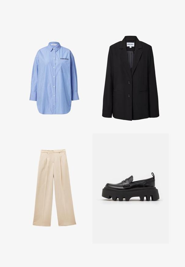 Sort, skræddersyet blazer med to knapper, notched revers, forreste paspolerede lommer og synligt indermærke med teksten "PIECES.".; Stribet blå skjorte med knapper og lomme, hvor der står "STUDIO UNTOLD", klassisk krave og lange ærmer.; Beige vidde bukser med plisseret front, glat stof og skræddersyet talje. Har to sidelommer og ingen synlige lukninger.; Sorte læder loafers med en kraftig sort gummisål, der har skridsikre riller og et dekorativt bånd over forsiden.
