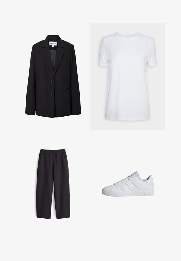 Schwarzer, taillierter Blazer mit zwei Knöpfen, Reverskragen, vorderen Paspeltaschen und sichtbarem Innenetikett mit der Aufschrift "PIECES.".; Schlichtes weißes T-Shirt mit kurzen Ärmeln und Rundhalsausschnitt, normaler Passform und einem kleinen Innenhalsetikett mit der Aufschrift „SELECTED FEMME.“; Schwarze, weit geschnittene Hosen aus glattem Stoff. Mit elastischem Bund und zwei Seitentaschen, versehen mit sichtbaren Nähdetails.; Weißer Adidas Sneaker mit niedrigem Schaft, Schnürsenkeln, perforierten Streifen an der Seite und einer strukturierten Gummisohle.
