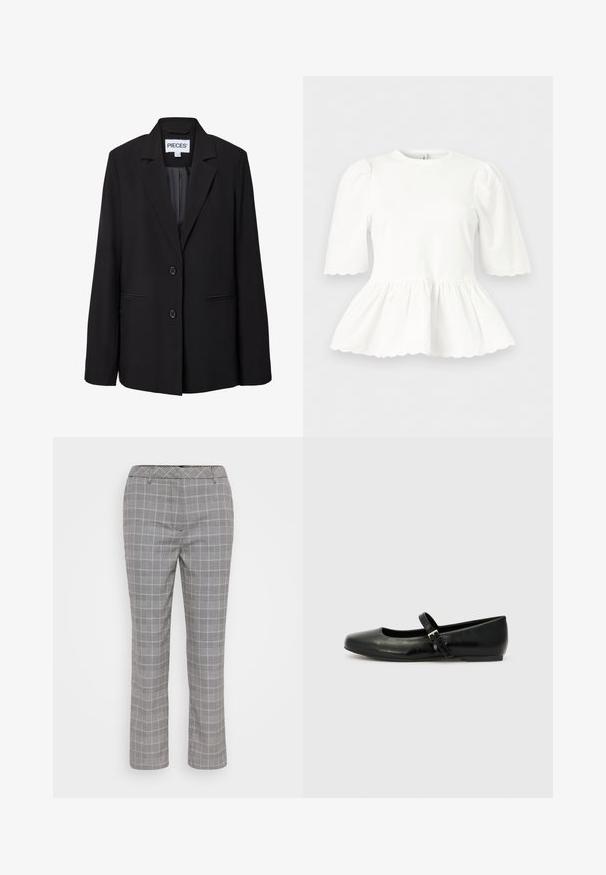 Blazer noir ajusté avec deux boutons, revers à encoche, poches passepoilées devant et étiquette intérieure visible indiquant "PIECES.".; Blouse blanche avec manches bouffantes mi-longues jusqu'au coude, taille froncée et bords festonnés aux manches et à l'ourlet, présentée sur un fond uni.; Pantalons à carreaux gris avec une coupe ajustée. Présente un motif à carreaux subtil, des passants de ceinture et une coupe droite. Texture de tissu lisse.; Ballerines en cuir noir avec un bout arrondi, une semelle plate et une fine sangle ajustable sur le cou-de-pied avec une boucle en métal.