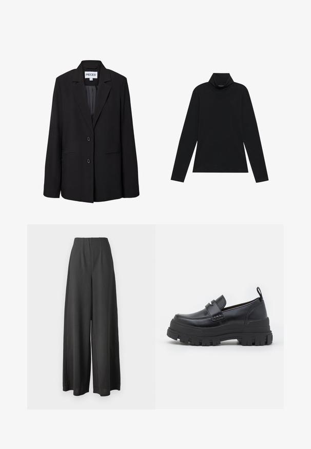 Sort, skræddersyet blazer med to knapper, notched revers, forreste paspolerede lommer og synligt indermærke med teksten "PIECES.".; Sort turtleneck med lange ærmer. Blødt stof, tætsiddende design, høj krave og sidesøm. Simpel og alsidig stil, der er velegnet til lag-på-lag.; Sorte vide bukser lavet af et glat stof, med høj talje og plisseret design for ekstra struktur og dybde.; Sort læderloafer med tyk rillede sål, mok tå syning, remdetalje over toppen og trækstrop på hælen, vist i sideprofil.