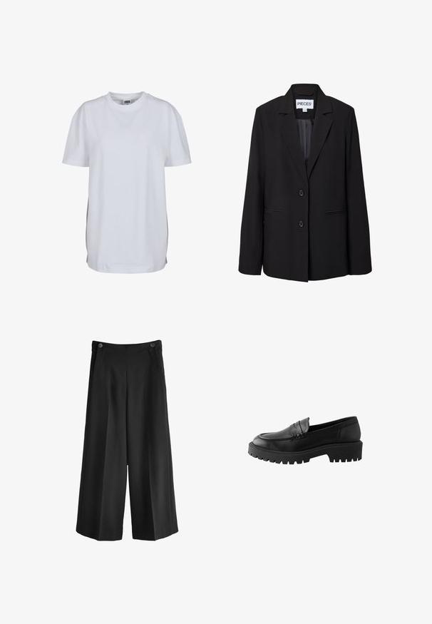 Zwarte getailleerde blazer met twee knopen, notched revers, voorste paspelzakken en een zichtbaar binnenlabel met de tekst "PIECES.".; Effen wit T-shirt met korte mouwen en ronde hals, met een rechte zoom en een klein zichtbaar merklabel binnenin de kraag.; Zwarte wijde broek met hoge taille, gemaakt van een gladde stof. Bevat twee voorkeurs en twee knopen bij de tailleband.; Zwarte leren instapper met een ronde neus, verhoogde stiknaaddetails en een stevige rubberen zool met diepe profielen voor grip.