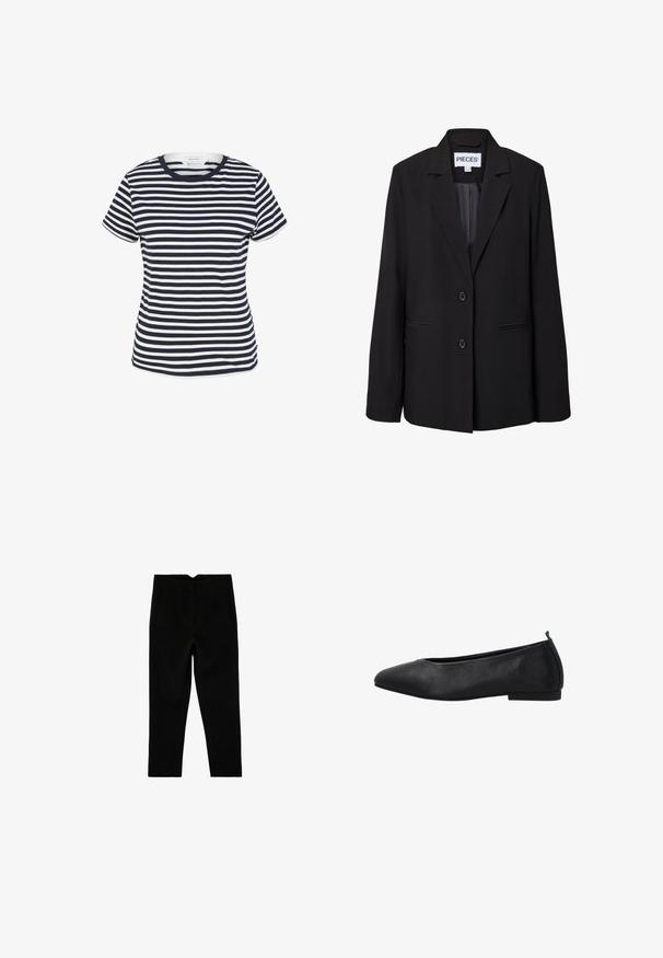 Sort, skræddersyet blazer med to knapper, notched revers, forreste paspolerede lommer og synligt indermærke med teksten "PIECES.".; Marineblå og hvid stribet t-shirt lavet af økologisk bomuld, med rund halsudskæring og korte ærmer, samt en lige kant forneden.; Sorte skræddersyede ankelkorte bukser med sidelommer og let tilspidset ben, vist fladt på en hvid baggrund.; Sort ballerina med spids tå lavet af glat læder med lav hæl og trækkrog bagpå for nem påtagning.