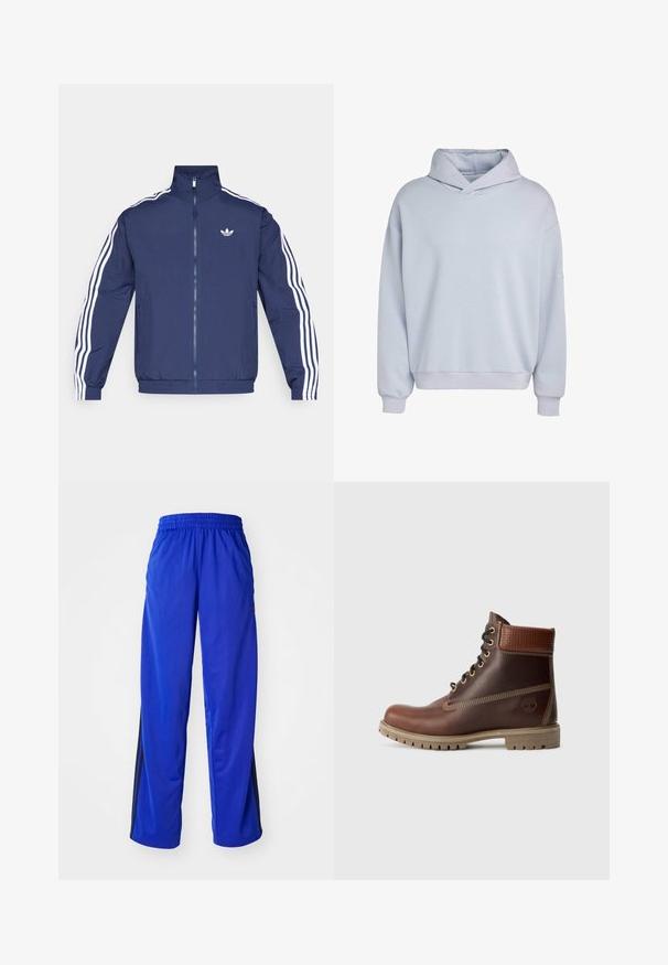Navyblauw jack met rits en hoge kraag, witte drie-strepen details op de mouwen en een geborduurd logo op de borst. Lichtgewicht materiaal.; Lichtblauwe sweatshirt met een overslagkap, losse pasvorm, lange mouwen en geribbelde manchetten. Gemaakt van zacht, comfortabel stof.; Blauwe sportbroek met een elastische tailleband, voorzien van zwarte zijstrepen, losse fit en een gladde textuur.; Bruine leren veterschoen tot de enkel met gevoerde kraag, contrasterende stiksels en een robuuste zool, getoond vanaf de buitenkant op een witte achtergrond.