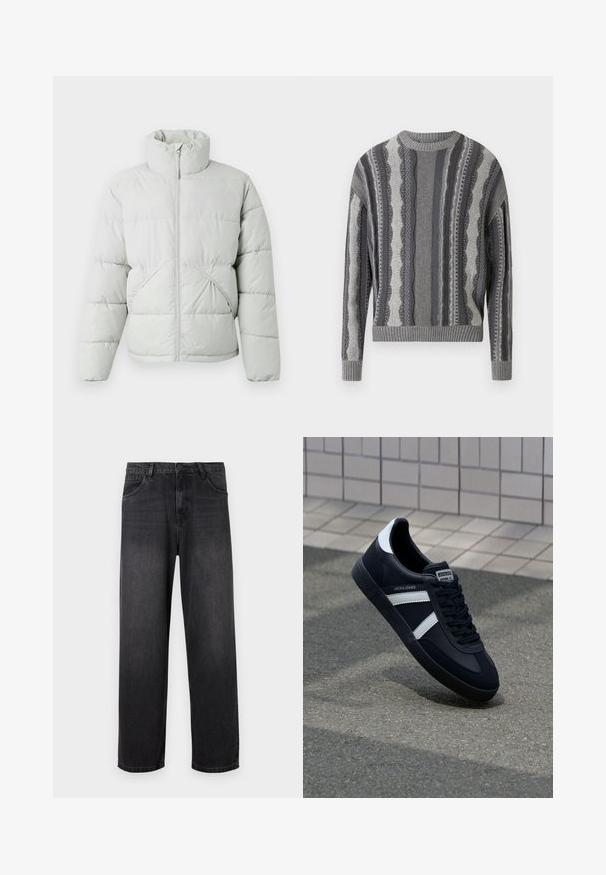 Only & Sons ONSPACK LIFE PUFFER JACKET - Zimná bunda - vapor blue; Sivý vzorovaný sveter s horizontálnymi pruhmi rôznych textúr, rebrovaným výstrihom a manžetami. Materiál má jemný pletený povrch.; Tmavošedé džíny s rovnými nohavicami, so zapínaním na zips, piatimi vreckami a jemnými odfarbeniami na látke.; Čierne kožené tenisky s bielymi pruhmi, textúrovanou gumovou podrážkou a šnurovaním vpredu. Obsahujú označenie značky na jazyku.