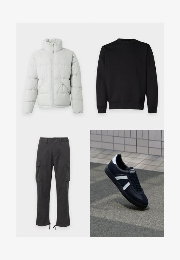 Only & Sons ONSPACK LIFE PUFFER JACKET - Winterjacke - vapor blue; Schwarzes Sweatshirt aus weichem Material, mit rundem Halsausschnitt, langen Ärmeln sowie gerippten Bündchen und Saum für eine taillierte Passform.; Schwarze Cargo-Hosen mit zwei Seitentaschen, verstellbaren Kordelzugbündchen, einem Knopfverschluss und einer glatten, strapazierfähigen Stoffoberfläche.; Schwarze Leder-Sneaker mit weißen Streifen, strukturiertem Gummisohle und Schnürung. Verfügt über ein Markenetikett auf der Zunge.