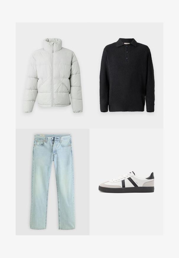 Only & Sons ONSPACK LIFE PUFFER JACKET - Winterjacke - vapor blue; Schwarzer Strickpullover mit strukturiertem Finish, verfügt über einen klassischen Kragen und eine Knopfleiste mit drei Knöpfen. Lange Ärmel mit Rippenbündchen.; Helle blaue Denim-Jeans mit geradem Schnitt, fünf Taschen, Knopfverschluss und dezentem Verblassen. Mit Steppdetails und Kupfennieten.; Weiße Sneaker mit schwarz- und grau-aczenten, ausgestattet mit einer strukturierten grauen Zehenkappe, schwarzer Gummi-Sohle und flachen weißen Schnürsenkeln. Sauberes Design, minimalistische Stil.