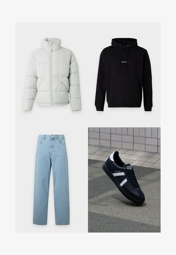Only & Sons ONSPACK LIFE PUFFER JACKET OTW VD - Vinterjakker - vapor blue; Sort hoodie lavet af bomuld med en frontlomme, hætte med snoretræk og et lille broderet logo på brystet. Klassisk pasform med ribbede manchetter.; Lyseblå vide jeans lavet af denim, med frontknaplukning, traditionelt fem-lommer design og en afslappet pasform.; Sort lædersneaker med hvide striber, tekstureret gummisål og snørrebånd foran. Har et brandet mærke på tungen.