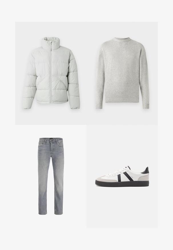 Only & Sons ONSPACK LIFE PUFFER JACKET - Veste d'hiver - vapor blue; Pull léger gris fabriqué en tissu doux, avec un col ras du cou côtelé et des poignets et un ourlet côtelés. Design minimaliste, manches longues.; Jean en denim gris clair avec une coupe droite, un style à cinq poches et une fermeture à bouton classique. Texture de tissu lisse et finition soignée.; Baskets blanches avec des accents noirs et gris, présentant un embout texturé gris, une semelle en caoutchouc noir et des lacets plats blancs. Design épuré, style minimaliste.