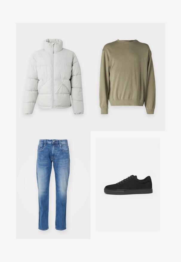 Only & Sons ONSPACK LIFE PUFFER JACKET OTW VD - Vinterjakker - vapor blue; Oliven grøn, langærmet sweatshirt lavet af blødt bomuldsblanding. Har en rund halsudskæring og ribbede manchetter med en afslappet pasform.; Lys blå denim jeans med lige ben, fem-lomme design, subtil falmning, og en standart talje med knaplukning.; Sort lavtop sneaker med snørelukning foran og flad gummisål, vist fra siden på en hvid baggrund.