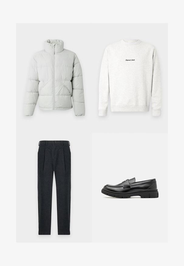 Only & Sons ONSPACK LIFE PUFFER JACKET - Vinterjakker - vapor blue; Lys grå crewneck sweatshirt lavet af blødt materiale, med et lille sort "Originals Studio" logo på fronten og ribbede manchetter.; Grå uld-blandede bukser med to frontindfoldninger, bæltestropper, sidelommer og knaplukning. Lige ben-design med en glat tekstur.; Sort læder loafersko med en bred rem over forfoden, gummisål med tykke mønstre og glat overflade. Klassisk, slankt design.