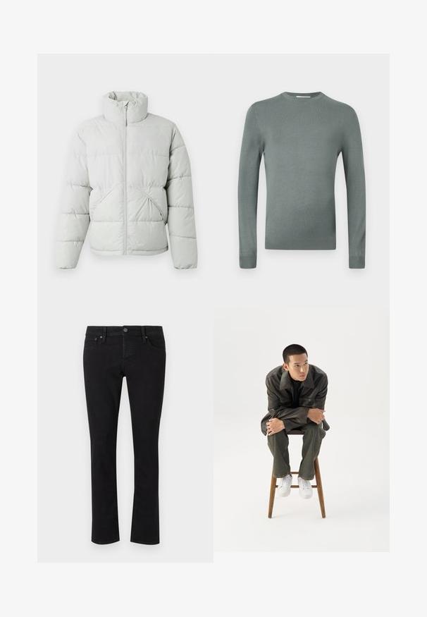 Only & Sons ONSPACK LIFE PUFFER JACKET OTW VD - Zimná bunda - vapor blue; Svetlozelený pulóver s dlhým rukávom vyrobený z mäkkej pleteniny. Má okrúhly výstrih a priliehavé rukávy s rebrovanými manžetami. Jednoduchý dizajn.; Čierne denimové džínsy so rovnými nohavicami, dizajn s piatimi vreckami, kovové zapínanie na gombík a minimálne detaily šitia. Hladká textúra po celom povrchu.; Mladý muž v tmavej koženej bunde a džínsach sedí na drevenej stoličke, nakláňa sa dopredu so založenými rukami a pozerá sa do strany na bielom pozadí.