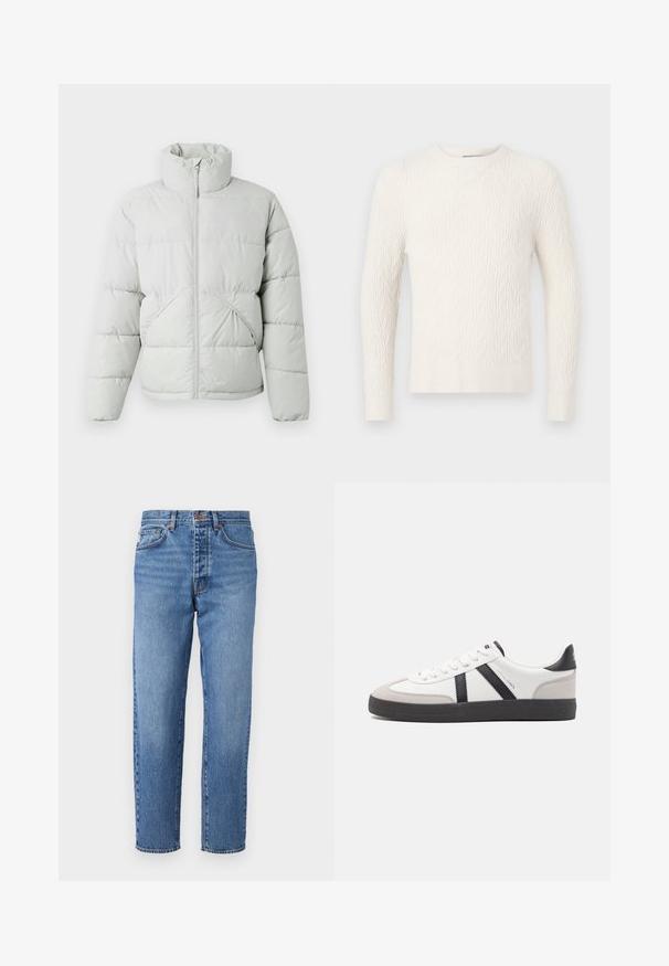 Only & Sons ONSPACK LIFE PUFFER JACKET - Veste d'hiver - vapor blue; Pull en tricot crème à mailles torsadées avec manches longues, col rond et ourlet côtelé. Présente un motif texturé sur l'ensemble du tissu.; Jean en denim bleu clair avec une coupe droite, cinq poches et un zip à bouton. Texture délavée avec un léger effet de frottement à l'avant.; Baskets blanches avec des accents noirs et gris, présentant un embout texturé gris, une semelle en caoutchouc noir et des lacets plats blancs. Design épuré, style minimaliste.