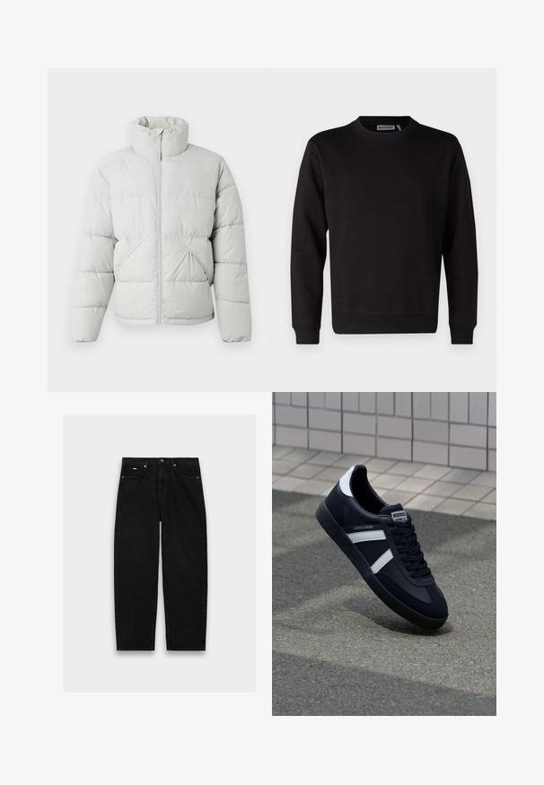 Only & Sons ONSPACK LIFE PUFFER JACKET OTW VD - Vinterjakker - vapor blue; Sort sweatshirt lavet af glat bomuldsblanding, med rund hals, lange ærmer og ribstrikkede manchetter og kant. Ingen mønstre eller accenter synlige.; Sorte jeans med høj talje og lige ben, fem lommer, knaplukning og bæltestropper på hvid baggrund.; Sort lædersneaker med hvide striber, tekstureret gummisål og snørrebånd foran. Har et brandet mærke på tungen.