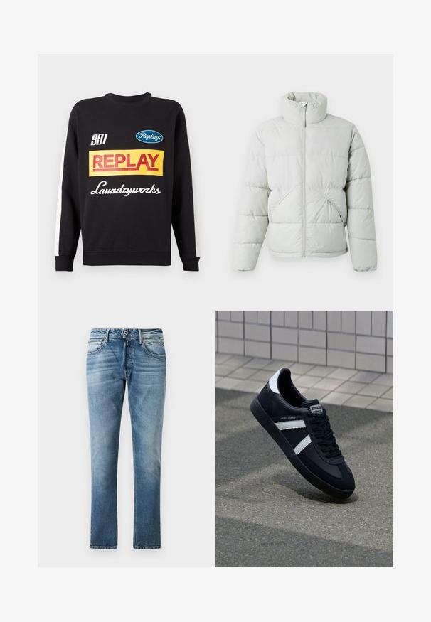 Only & Sons ONSPACK LIFE PUFFER JACKET OTW VD - Zimná bunda - vapor blue; Čierna mikina s okrúhlym výstrihom a bielymi pruhmi na rukávoch, so viacfarebnými nápismi "Replay" a "Laundryworks" na prednej strane.; Modré rovné džínsy s vyblednutým detailom, predným gombíkom a vreckami, zobrazené na jednofarebnom bielom pozadí.; Čierne kožené tenisky s bielymi pruhmi, textúrovanou gumovou podrážkou a šnurovaním vpredu. Obsahujú označenie značky na jazyku.