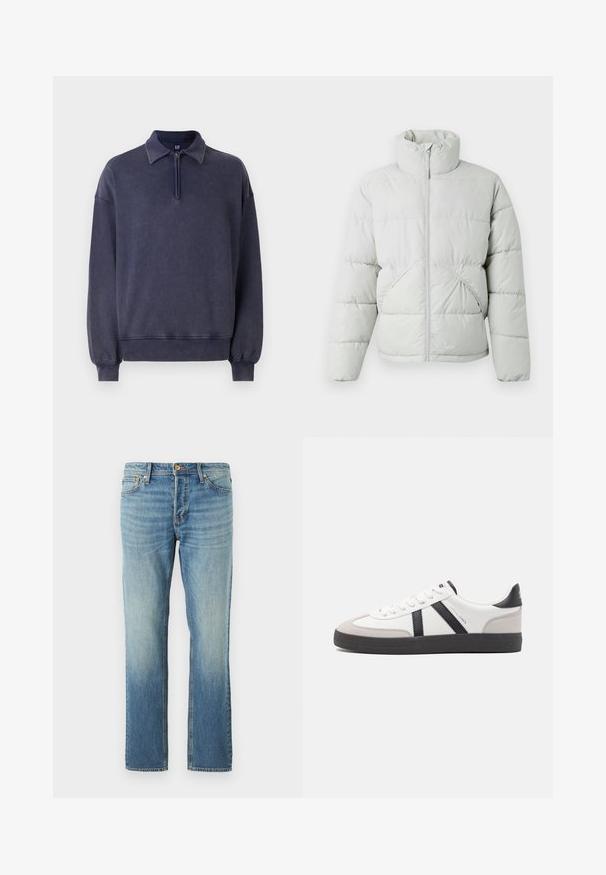 Only & Sons ONSPACK LIFE PUFFER JACKET - Zimná bunda - vapor blue; Námornícky modrá mikina s polovičným zipsom, uvoľnený strih a rebrované manžety. Vyrobená z mäkkého materiálu s textúrovaným povrchom.; Svetlo modré denimové džínsy so strihom rovného nohavice, s vyblednutým povrchom, medenými nitmi a klasickým päticovým dizajnom.; Biele tenisky s čiernymi a šedými akcentmi, s textúrovanou šedou špičkou, čiernou gumovou podrážkou a plochými bielymi šnúrkami. Čistý dizajn, minimalistický štýl.