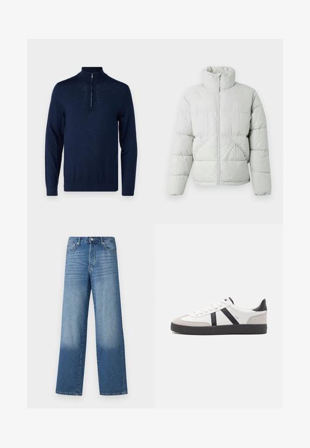 Only & Sons ONSPACK LIFE PUFFER - Chaqueta de invierno - vapor blue; Suéter de color azul marino, de manga larga, con cuello de media cremallera. Textura suave, diseño ajustado, detalles de costura mínimos y sin logotipos visibles.; Vaqueros de tiro alto y pierna recta en azul, con decoloración en los muslos y sombras más oscuras cerca de los dobladillos, con botón frontal y bolsillos visibles.; Zapatilla blanca con acentos en negro y gris, que presenta una puntera texturizada en gris, suela de goma negra y cordones planos blancos. Diseño limpio, estilo minimalista.