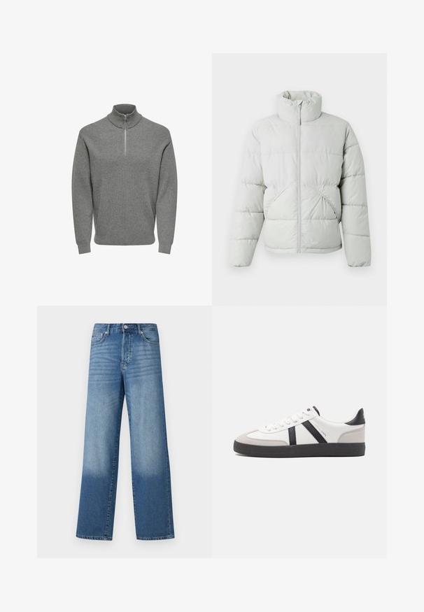 Only & Sons ONSPACK LIFE PUFFER JACKET - Vinterjakker - vapor blue; Grå halv-lynlås pullover-trøje, ribbet tekstur, høj krave, lange ærmer og en metal lynlås ved halsen. Klassisk, afslappet design.; Blå højtaljede strækte jeans med falmede områder på lårerne og mørkere skygger nær kanten, synlig frontknap og lommer.; Hvide sneakers med sorte og grå detaljer, med en tekstureret grå tåhætte, sort gummisål og flade hvide snørebånd. Rent design, minimalistisk stil.