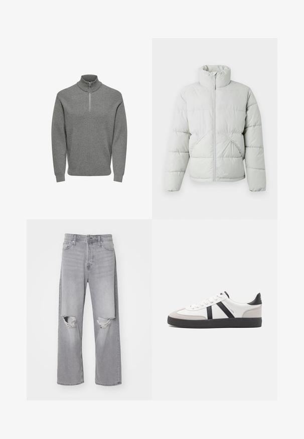 Only & Sons ONSPACK LIFE PUFFER - Vinterjakker - vapor blue; Grå halv-lynlås pullover-trøje, ribbet tekstur, høj krave, lange ærmer og en metal lynlås ved halsen. Klassisk, afslappet design.; Lys grå denim jeans med høj talje, brede ben og slidte knæ-huller; klassisk fem-lomme design og metalknaplukning.; Hvide sneakers med sorte og grå detaljer, med en tekstureret grå tåhætte, sort gummisål og flade hvide snørebånd. Rent design, minimalistisk stil.