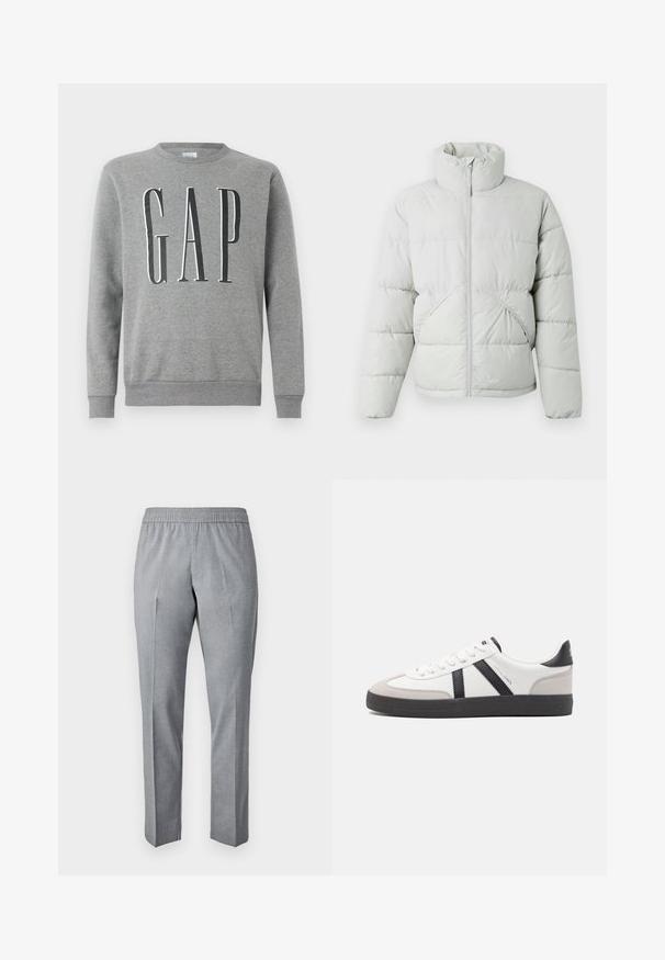 Only & Sons ONSPACK LIFE PUFFER JACKET OTW VD - Winterjacke - vapor blue; Grauer Sweatshirt mit Rundhalsausschnitt, gerippten Bündchen und Saum, mit dem Wort "GAP" in großer schwarzer Schrift auf der Vorderseite. Weicher Stoff.; Grau, gewebte Hose mit einem elastischen Bund, geradem Schnitt und einer Bügelfalte auf der Vorderseite. Der Stoff sieht glatt und leicht aus.; Weiße Sneaker mit schwarz- und grau-aczenten, ausgestattet mit einer strukturierten grauen Zehenkappe, schwarzer Gummi-Sohle und flachen weißen Schnürsenkeln. Sauberes Design, minimalistische Stil.