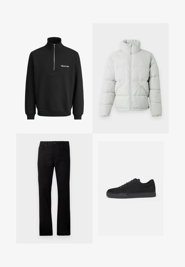Only & Sons ONSPACK LIFE PUFFER JACKET OTW VD - Zimná bunda - vapor blue; Čierna mikina s dlhým rukávom, polovičný zips na golieri a malý biely vyšívaný nápis na ľavej strane hrudníka.; Čierne džínsy s rovnými nohavicami vyrobené z denimu, s predným zapínaním na gombík, dvoma bočnými vreckami a hladkou textúrou.; Čierny nízky športový topánok s predným šnurovaním a plochou gumovou podrážkou, zobrazený z boku na bielom pozadí.