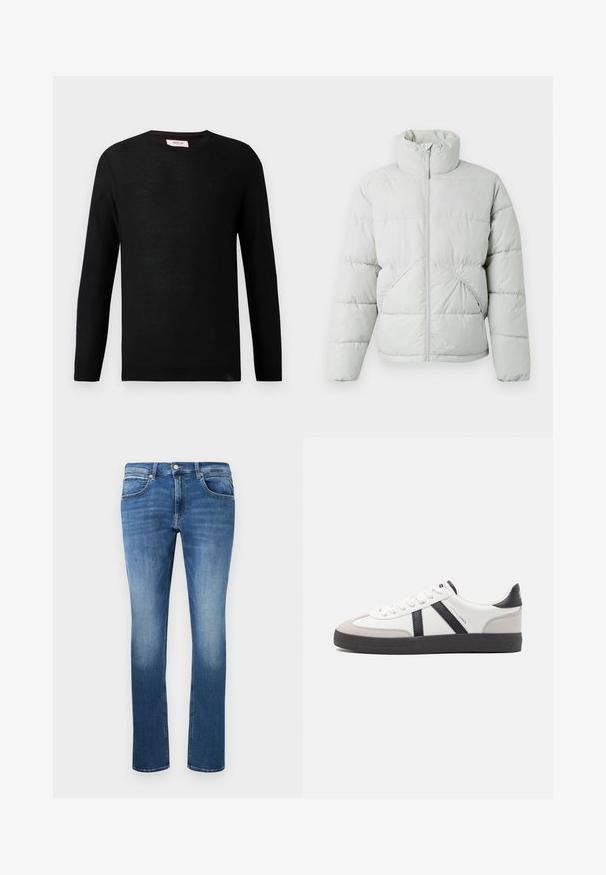 Only & Sons ONSPACK LIFE PUFFER JACKET OTW VD - Vinterjakker - vapor blue; Sort striktrøje med lange ærmer og rund hals. Subtil tekstur og en lille logo detalje på brystet. Klassisk og alsidig design.; Blå denim jeans med lige snit, der har let falmning, fem lommer og en knap-og lynlås lukning. Syede detaljer langs sømmene.; Hvide sneakers med sorte og grå detaljer, med en tekstureret grå tåhætte, sort gummisål og flade hvide snørebånd. Rent design, minimalistisk stil.
