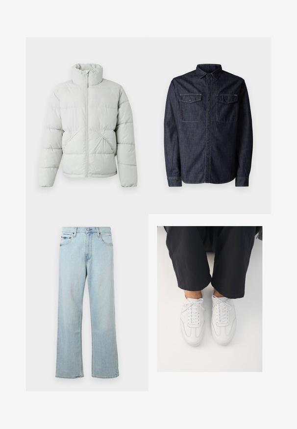 Only & Sons ONSPACK LIFE PUFFER JACKET - Winterjacke - vapor blue; Replay Hemd - dark blue; Hellblaue Denim-Jeans mit einem lockeren, weit geschnittenen Design. Verfügt über fünf Taschen, Gürtelschlaufen und einen Reißverschluss mit Knopfverschluss.; Weiße Ledersneaker mit glatter Textur, runder Zehenform und klassischem Schnürsystem, platziert über dunklen, locker sitzenden Hosen.