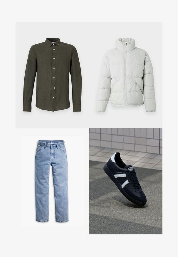 Only & Sons ONSPACK LIFE PUFFER JACKET OTW VD - Zimná bunda - vapor blue; Tmavozelená košeľa s dlhým rukávom vyrobená z ľanu. Obsahuje zapínanie na gombíky s bledými gombíkmi a golier, ktorý dodáva štruktúrovaný vzhľad.; Svetlomodré rifle s rovnými nohavicami, s predným zapínaním na gombík a zips, pútkami na opasok a šikmými prednými vreckami.; Čierne kožené tenisky s bielymi pruhmi, textúrovanou gumovou podrážkou a šnurovaním vpredu. Obsahujú označenie značky na jazyku.