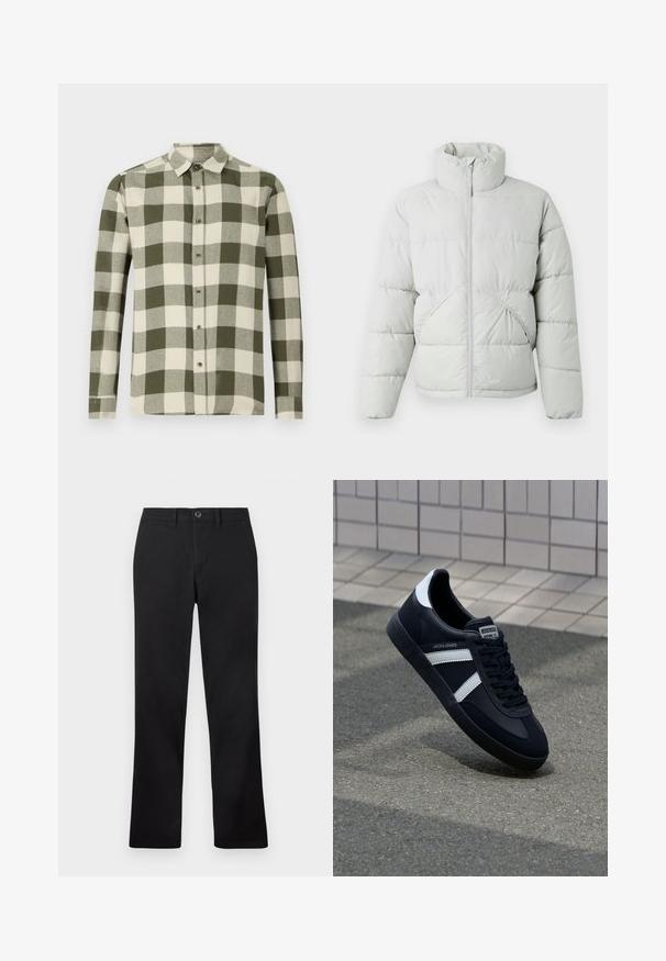 Only & Sons ONSPACK LIFE PUFFER JACKET - Winterjas - vapor blue; Lange mouwen shirt in een groen en crème checkpatroon, gemaakt van lichte stof, met een button-down kraag en knopen aan de voorkant.; Zwarte broek opgesteld tegen een witte achtergrond, met een recht model en een knoopsluiting in de taille.; Zwarte leren sneaker met witte strepen, een gestructureerde rubberen zool en vetersluiting aan de voorkant. Voorzien van een merklabel op de tong.
