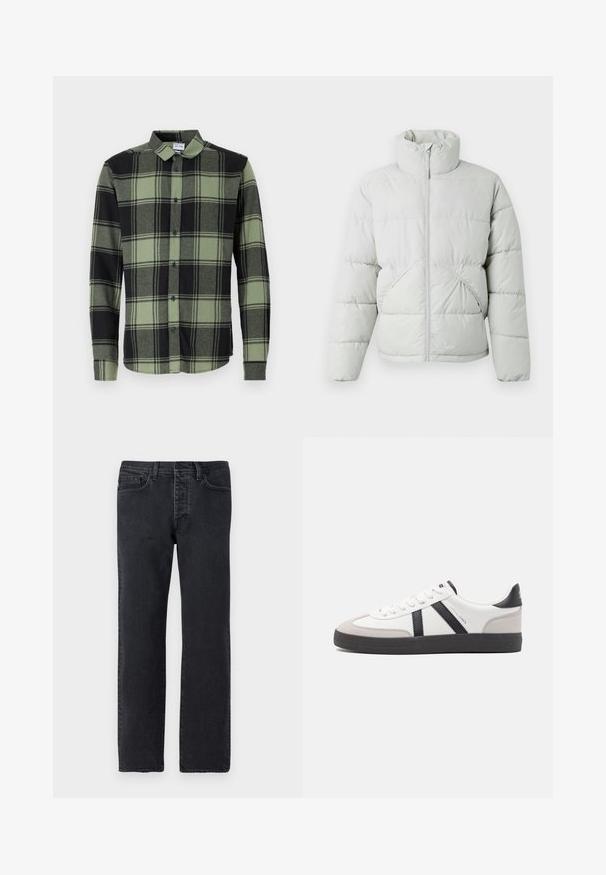 Only & Sons ONSPACK LIFE PUFFER JACKET - Winterjas - vapor blue; Donkergroene en zwarte geruite button-up shirt met lange mouwen, met een klassieke kraag en blauwe knopen. Zachte, gestructureerde stof.; Zwarte denim jeans met een recht-sluiting, vijf zakken, riemlussen en minimale stikdetails. Gemaakt van zachte, gestructureerde katoenen stof.; Witte sneaker met zwarte en grijze accenten, voorzien van een grijze neus met textuur, zwarte rubberen zool en platte witte veters. Schoon ontwerp, minimalistische stijl.