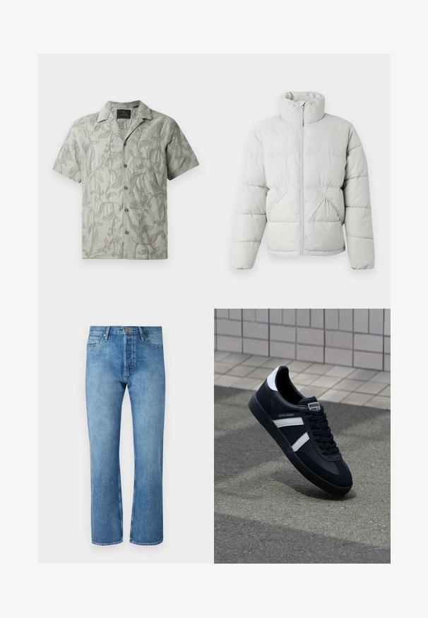 Only & Sons ONSPACK LIFE PUFFER - Chaqueta de invierno - vapor blue; Camisa de manga corta de color gris claro con patrones florales bordados, cuello tipo camp y cierre frontal con botones grises.; Jeans de mezclilla azul claro con corte recto, que cuentan con un diseño clásico de cinco bolsillos, cierre de botón y costuras en contraste.; Zapatilla de cuero negra con rayas blancas, suela de goma texturizada y parte frontal con cordones. Cuenta con una etiqueta de marca en la lengüeta.