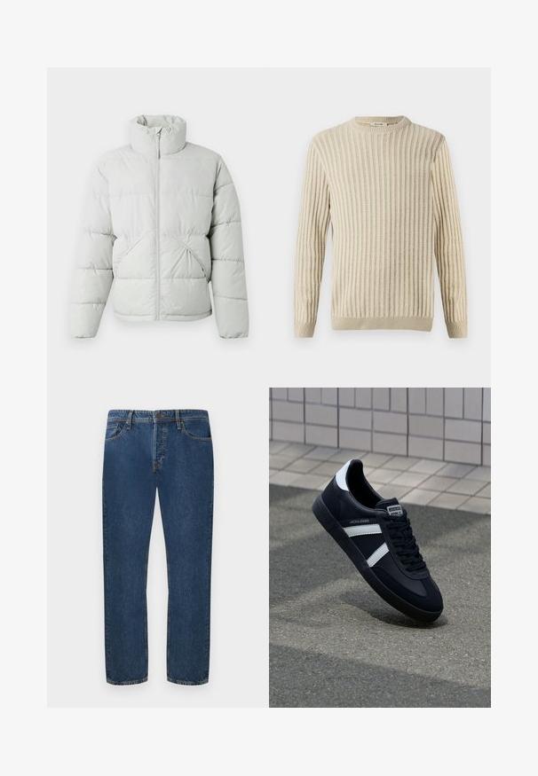 Only & Sons ONSPACK LIFE PUFFER - Zimná bunda - vapor blue; Only & Sons ONSBRANT CREW KNIT - Tričko s potlačou - beige; Tmavomodré riflové nohavice so strihom rovného strihu, ktoré majú päť vreciek a zapínanie na gombík. Tkanina má viditeľnú štruktúru a jemné vyblednutie.; Čierne kožené tenisky s bielymi pruhmi, textúrovanou gumovou podrážkou a šnurovaním vpredu. Obsahujú označenie značky na jazyku.