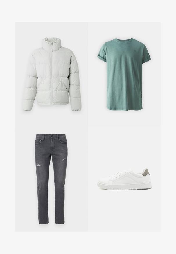 Only & Sons ONSPACK LIFE PUFFER JACKET OTW VD - Winterjacke - vapor blue; Grünes Baumwoll-T-Shirt mit Rundhalsausschnitt, umgeschlagenen Kurzärmeln und einem dezenten Logo an der oberen linken Seite. Glatte Textur und lockere Passform.; Dunkelgraue Jeans aus Denim mit schmalem Schnitt, versehen mit distressed Details und fünf Taschen. Klassisches Design mit subtiler Ausbleichung und geradem Bein.; Weißer Sneaker aus glattem Leder, runde Zehenpartie, minimalistisches Design, graue Fersenkante und strukturierte Gummisohle.