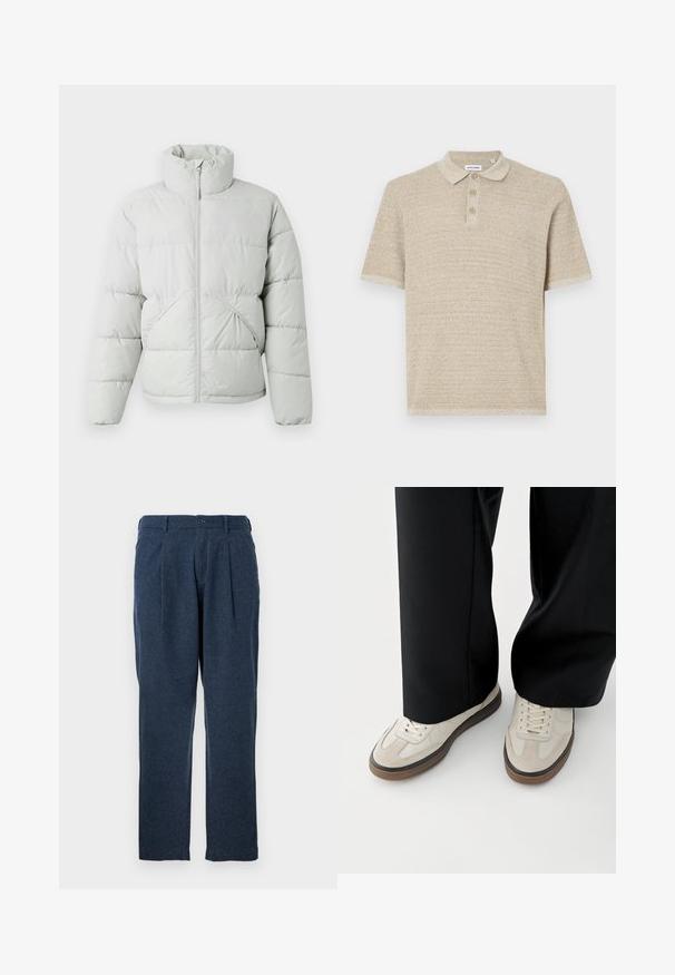 Only & Sons ONSPACK LIFE PUFFER JACKET - Vinterjakker - vapor blue; Beige polo skjorte, korte ærmer, tekstureret strikstof, tre-knaps lukning, klassisk krave, subtilt mønster, afslappet pasform.; Mørkeblå bukser lavet af struktureret stof, med folder, knaplukning og lige ben design.; Fødder iført beige sneakers med brune såler og sorte bukser med vide ben på hvid baggrund.