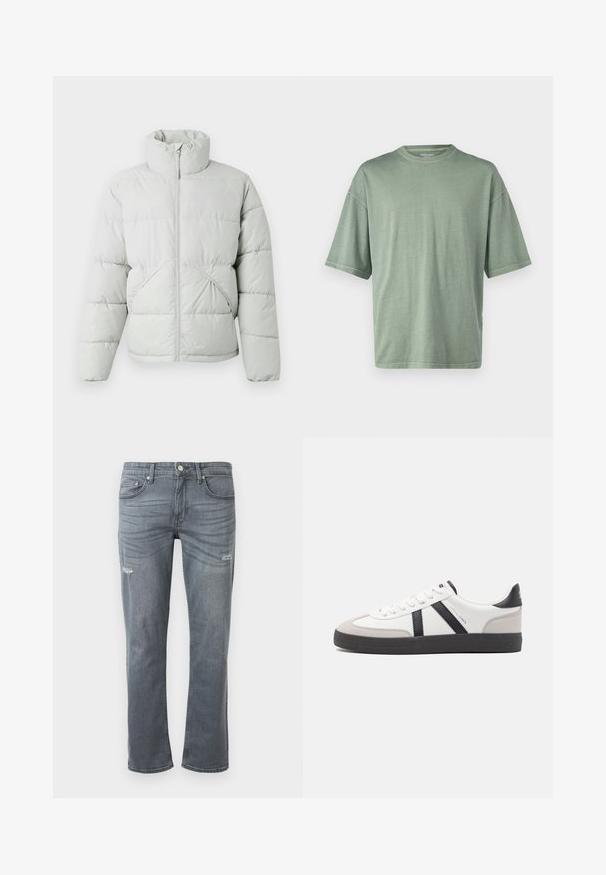 Only & Sons ONSPACK LIFE PUFFER - Winterjas - vapor blue; Lichtgroene t-shirt met korte mouwen, een ronde halslijn en een ontspannen pasvorm; gemaakt van zacht materiaal met een gladde textuur.; Grijze denim jeans met een rechte pijpdesign, lichte slijtage bij de knieën en traditionele vijf-pocket stijl. Knopsluiting bij de taille.; Witte sneaker met zwarte en grijze accenten, voorzien van een grijze neus met textuur, zwarte rubberen zool en platte witte veters. Schoon ontwerp, minimalistische stijl.
