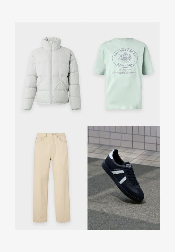 Only & Sons ONSPACK LIFE PUFFER JACKET - Talvejope - vapor blue; Müntroheline puuvillane T-särk lühikeste varrukatega. Omab ringikujulist logo tumedamas lillakas toonis tekstiga, kus on kirjas "New Era Cap Co" ja "New York."; Beezist puuvillased sirged teksad nööbiga, viie taskuga ja diskreetse tikandiga. Sile tekstuur ja minimaalne detail.; Must have musta sneaker musta valgete triipudega, tekstuurne kummitald ja nööridega esiosa. Omab bränditud märki keele peal.