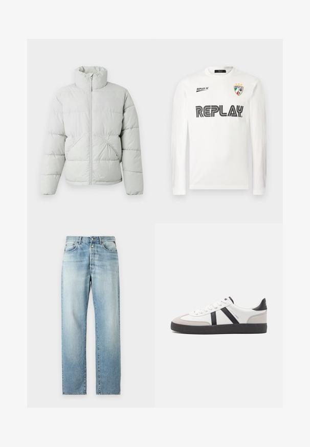 Only & Sons ONSPACK LIFE PUFFER JACKET OTW VD - Zimná bunda - vapor blue; Biela košeľa s dlhým rukávom s čiernym textom "REPLAY" na hrudi, malý text "REPLAY FC" vľavo hore a trojfarebný štít s tromi hviezdami vpravo hore.; Svetlo modré džínsy s rovnými nohavicami, s klasickým päťvreckovým dizajnom a zapínaním na gombík. Po celej ploche sú zosvetlené.; Biele tenisky s čiernymi a šedými akcentmi, s textúrovanou šedou špičkou, čiernou gumovou podrážkou a plochými bielymi šnúrkami. Čistý dizajn, minimalistický štýl.