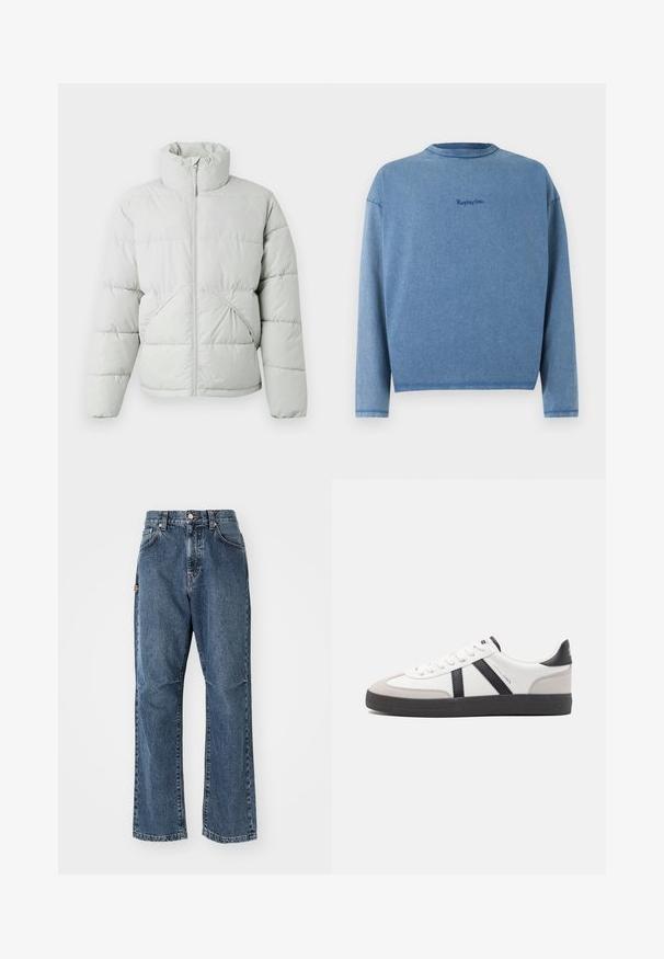 Only & Sons ONSPACK LIFE PUFFER JACKET - Χειμωνιάτικο μπουφάν - vapor blue; Μπλε μακρυμάνικο φούτερ με στρογγυλή λαιμόκοψη, με κεντημένο το "Replay Inc." σε μικρά σκούρα μπλε γράμματα στο κέντρο του στήθους.; Μπλε τζιν παντελόνι με ψηλή μέση, ίσια γραμμή και μπροστινές τσέπες. Διαθέτει αντίθετη ραφή και κλείσιμο με κουμπί.; Λευκό αθλητικό παπούτσι με μαύρες και γκρί λεπτομέρειες, featuring ένα υφή γκρί καλύμμα δαχτύλου, μαύρη καουτσούκ σόλα και επίπεδες λευκές κορδόνες. Καθαρός σχεδιασμός, μινιμαλιστικό στυλ.
