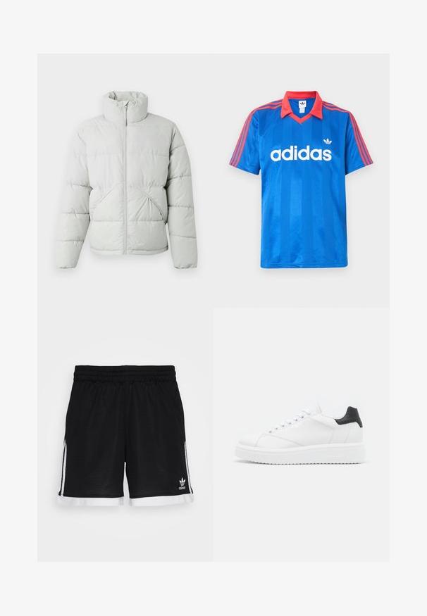 Only & Sons ONSPACK LIFE PUFFER JACKET OTW VD - Vinterjakker - vapor blue; Blå Adidas kortærmet sportstrøje med rød krave og striber på skuldrene, med hvidt Adidas-logo og trefoldet emblem på brystet.; Sorte net sports-shorts med elastisk talje, hvide sidelister og hvid kant. Har et adidas-logo i nederste højre hjørne.; Hvide lædersneakers med en sort hælflap, flade snørebånd, struktureret mellemsål og branding på ydersiden. Designet til afslappet brug.