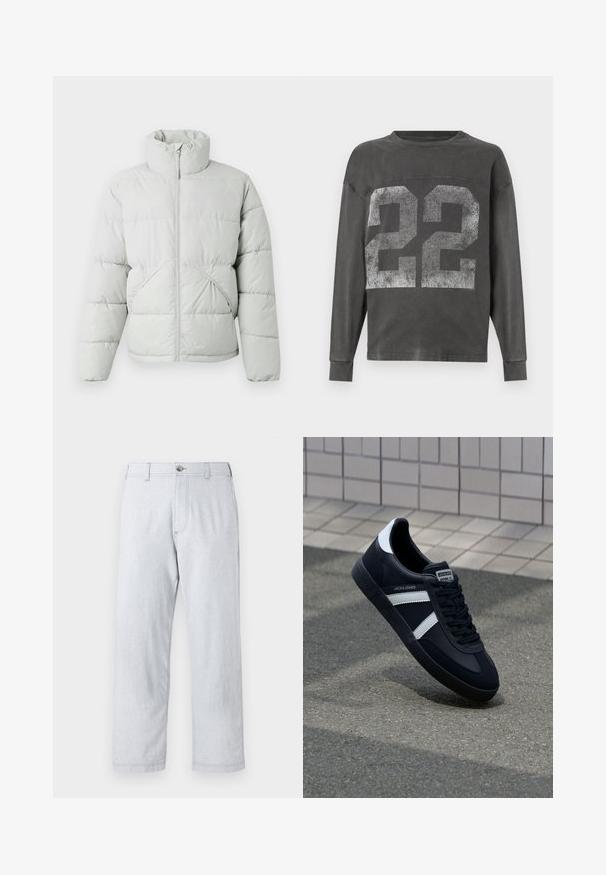 Only & Sons ONSPACK LIFE PUFFER JACKET - Winterjacke - vapor blue; Dunkelgrauer Langarm-Sweatshirt mit großem, verblasstem weißen Aufdruck der Nummer 22 auf der Vorderseite, Rundhalsausschnitt und gerippten Bündchen.; Helle graue, gerade geschnittene Hose aus strukturiertem Stoff. Verfügt über einen Frontknopfverschluss und Gürtelschlaufen. Keine sichtbaren Muster oder Akzente.; Schwarze Leder-Sneaker mit weißen Streifen, strukturiertem Gummisohle und Schnürung. Verfügt über ein Markenetikett auf der Zunge.