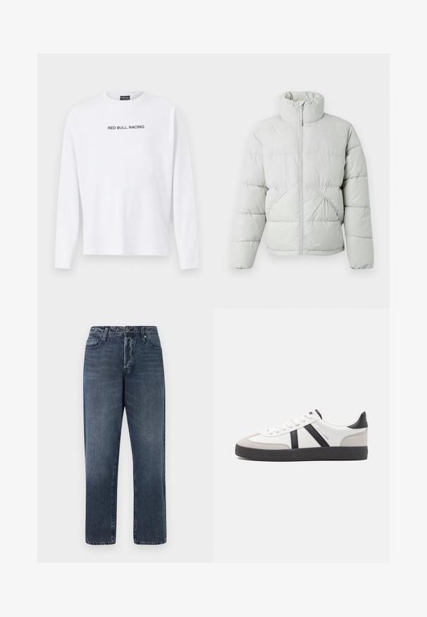 Only & Sons ONSPACK LIFE PUFFER JACKET - Winterjas - vapor blue; Witte lange mouw t-shirt van katoen, met "RED BULL RACING" in het zwart over de borst gedrukt. Ronde hals, relaxte pasvorm.; Jack & Jones Loose-fit JJIEDDIE JJORIGINAL SQ 227 - Baggy jeans - blue denim; Witte sneaker met zwarte en grijze accenten, voorzien van een grijze neus met textuur, zwarte rubberen zool en platte witte veters. Schoon ontwerp, minimalistische stijl.