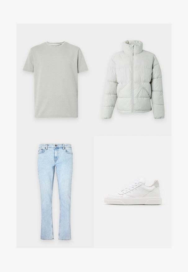 Only & Sons ONSPACK LIFE PUFFER JACKET OTW VD - Talvejope - vapor blue; Heled hõbedane lühikeste varrukate T-särk, millel on tekstuuriga muster, ümmargune kaelus ja sirge äär. Valmistatud pehmest, hingavast kangast.; Heledad sinine teksapüksid sirge säärega, varustatud nööbi kinnitusega, viie tasku ja peene hägustusega tekstuuri jaoks.; Valged nahast spordijalatsid siledast nahast viimistlusega, ümarate varvastega, lamekestega ja tekstuuriga tallaga. Hall suede aktsent kanna juures.
