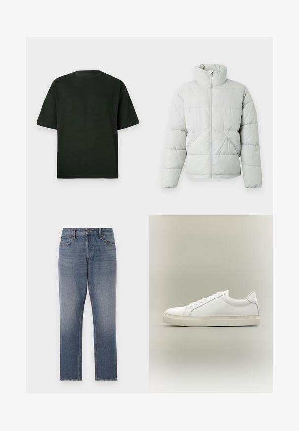 Only & Sons ONSPACK LIFE PUFFER - Winterjas - vapor blue; Donkergroene t-shirt met korte mouwen en een ronde hals. Gemaakt van zacht materiaal, met een relaxed fit en zonder zichtbare patronen of accenten.; Donkerblauwe denim jeans met rechte pijpen, voorzien van een vervaagde was, vijf zakken en hardware in kopertint. Een schone, klassieke uitstraling.; Witte lage sneaker met veters aan de voorkant en dikke zool, zijaanzicht tegen een neutrale achtergrond.