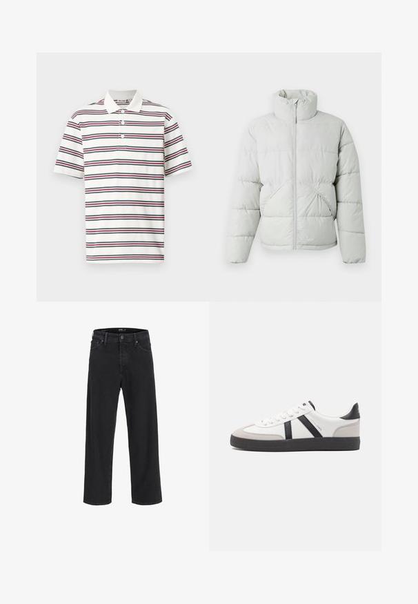 Only & Sons ONSPACK LIFE PUFFER JACKET - Veste d'hiver - vapor blue; Polo shirt à manches courtes en blanc avec des rayures horizontales en bleu marine, rouge et vert. Il dispose d'un col classique et d'une patte de boutonnage à trois boutons.; Jean en denim noir à jambe droite avec fermeture à bouton et à zip, passants de ceinture, et poches avant et arrière.; Baskets blanches avec des accents noirs et gris, présentant un embout texturé gris, une semelle en caoutchouc noir et des lacets plats blancs. Design épuré, style minimaliste.